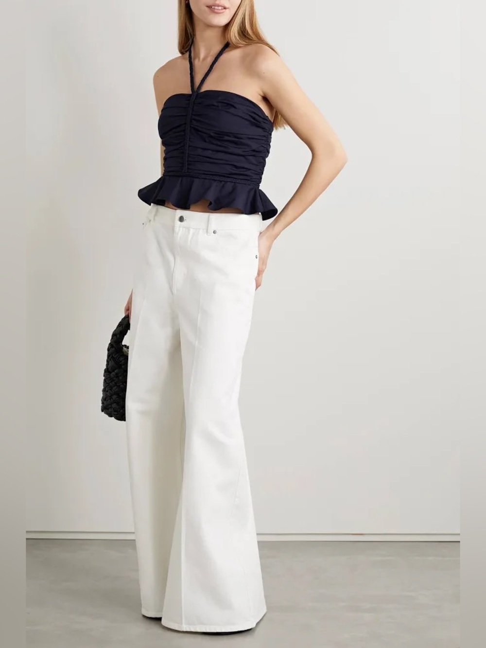 Veronica Beard Arienne Ruched Stretch Cotton Halter Top